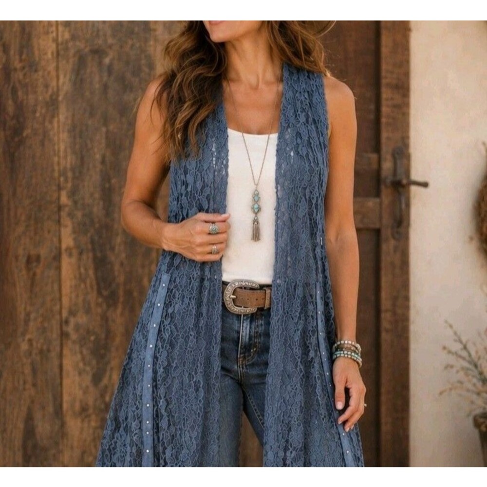 Voice of California Studded Suede Lace Duster Cardigan Vest - L